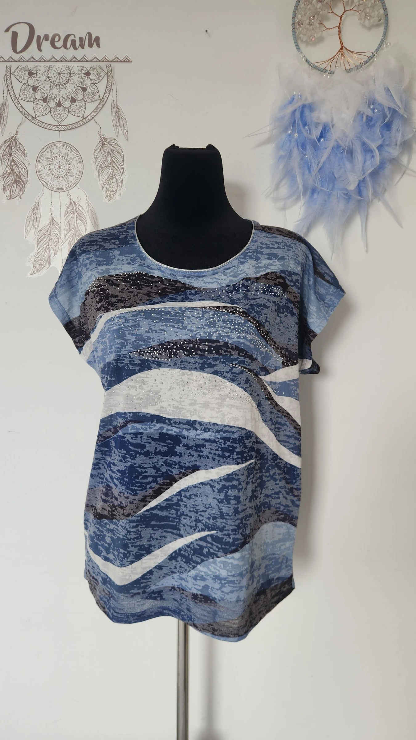 T-shirt fluide bleu imprimé avec strass ●Taille S/M●🌸